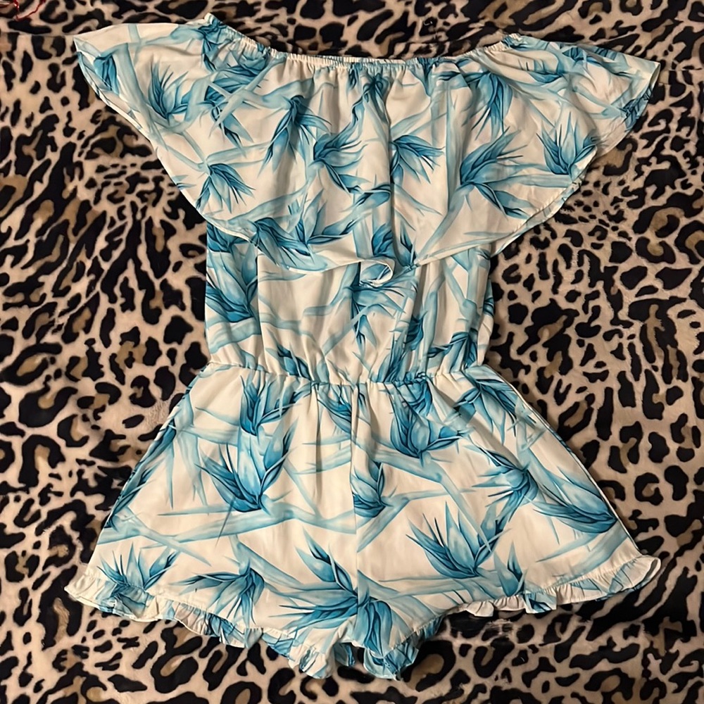 Blue and white patterned romper